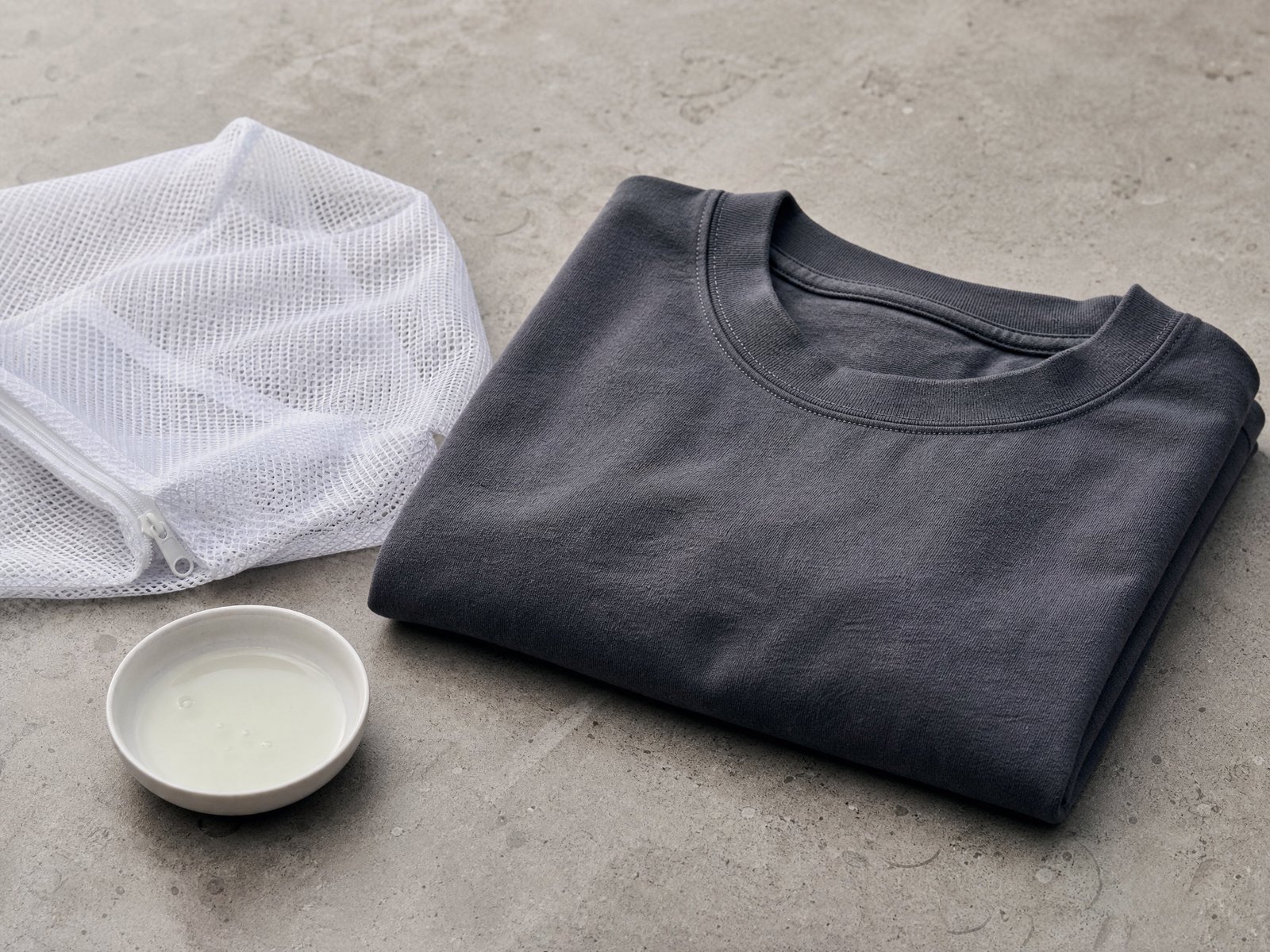 A folded lambswool jumper beside wool detergent flakes and a garment brush