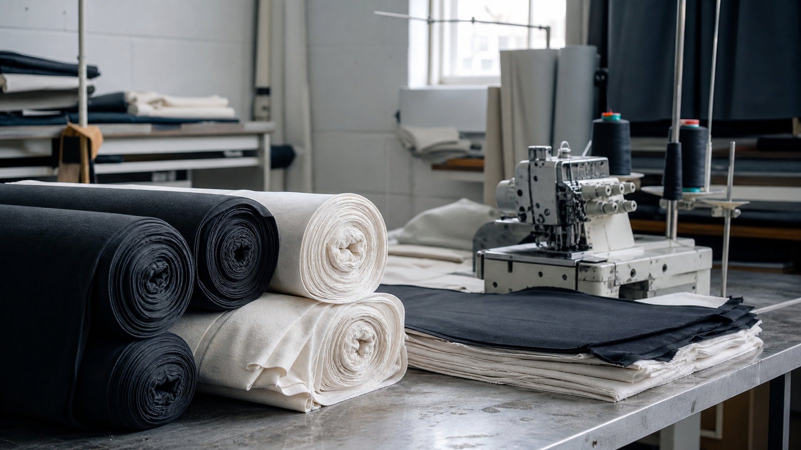 Circular knitting machines with cones of yarn in a British knitting workshop